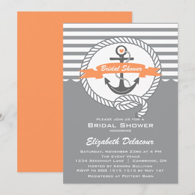 Peach and Grey Nautical Bridal Shower Invitation (Front/Back)