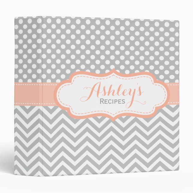 Peach and Grey Polka Dots Pattern Recipe Binder (Front/Spine)