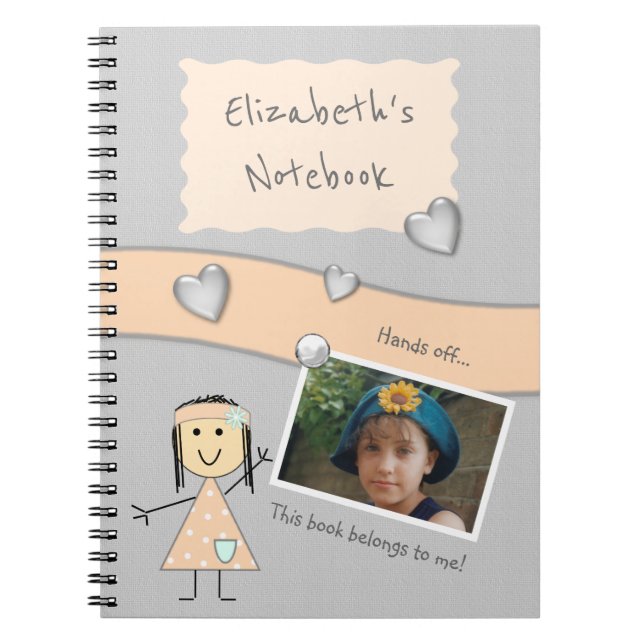 Peach and grey with hearts a name and Photo Notebook (Front)