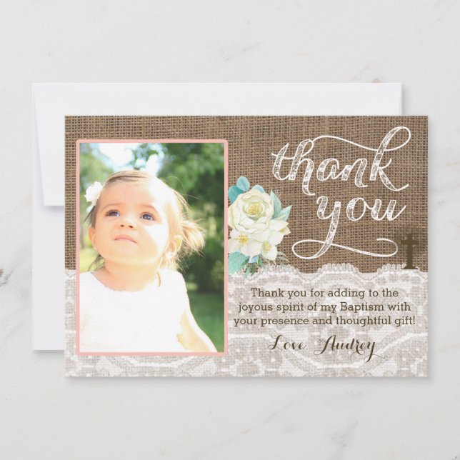 Peach and ivory baptism thank you card for girl (Front)
