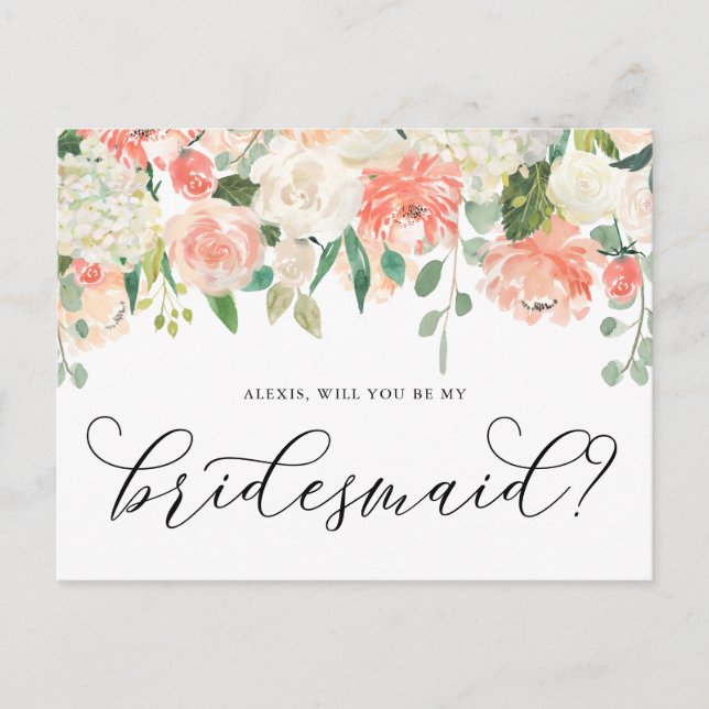 Peach and Ivory Flowers Will You Be My Bridesmaid Postcard (Front)