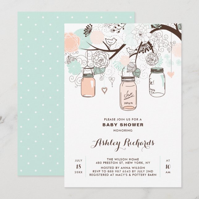 Peach and Mint Mason Jars Baby Shower Invitation (Front/Back)
