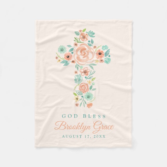 Peach and Mint Watercolor Flower Cross Baptism Fleece Blanket (Front)