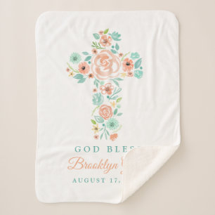 Peach and Mint Watercolor Flower Cross Baptism Sherpa Blanket