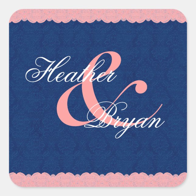 Peach and Navy Lace Wedding Custom Monogram V66 Square Sticker (Front)