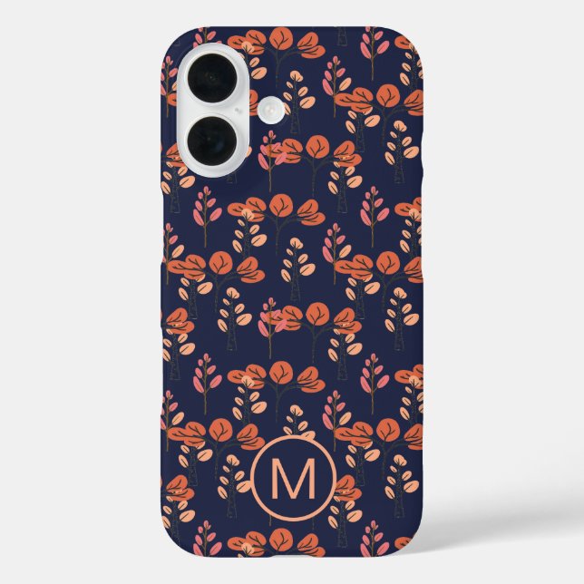 Peach and Navy Modern Floral Pattern Monogram Case-Mate iPhone Case (Back)