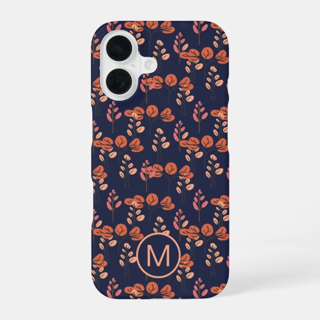 Peach and Navy Modern Floral Pattern Monogram iPhone 16 Case (Back)