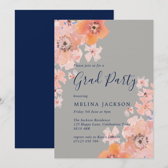 Peach and Navy Watercolor Floral Graduation Party Invitation (Front/Back)