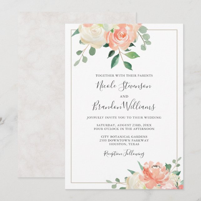 Peach and Off-White Elegant Floral Wedding Invitation (Front/Back)