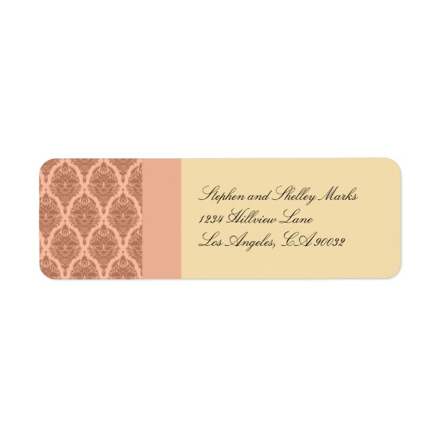 Peach and Orange Damask wedding address label (Front)