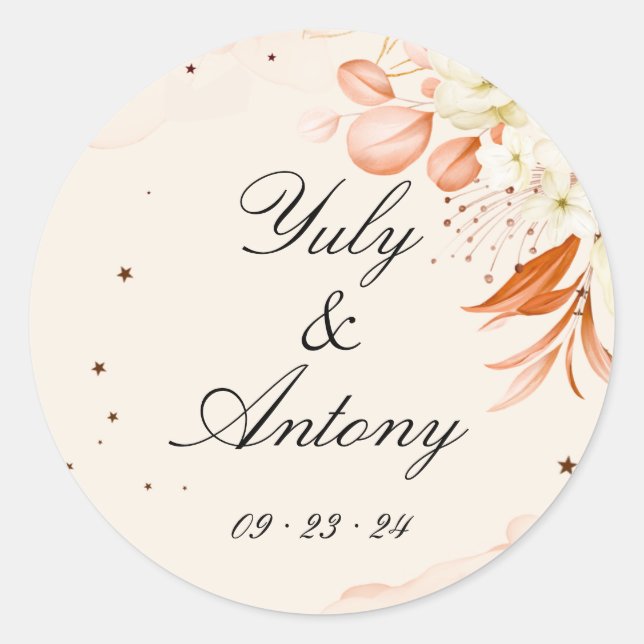 Peach and Orange Modern Wedding Round Stickers Set (Front)