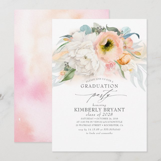 Peach and Pink Floral Elegant Stylish Graduation Invitation (Front/Back)