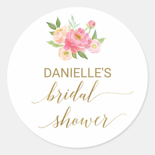 Peach and Pink Peony Bridal Shower Favour Sticker (Front)