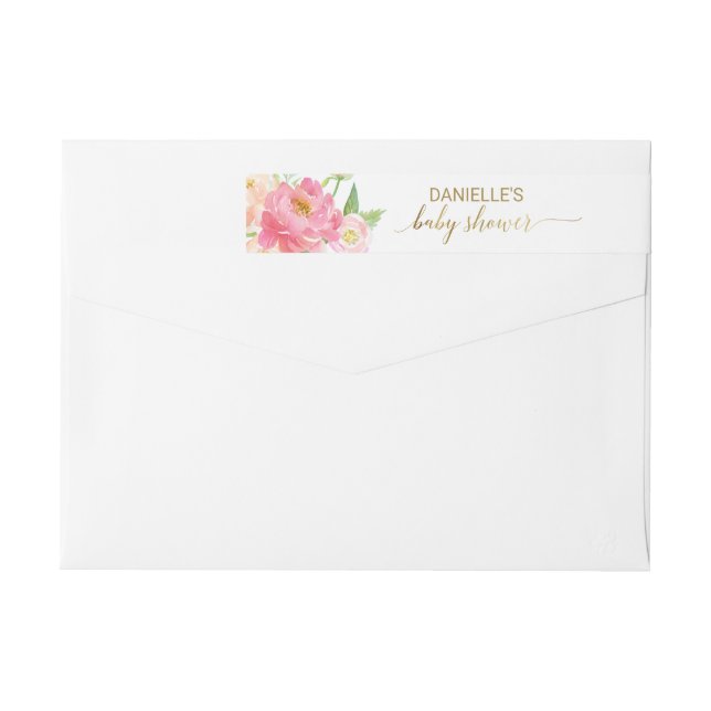 Peach and Pink Peony Flowers Baby Shower Wrap Around Label (Back)