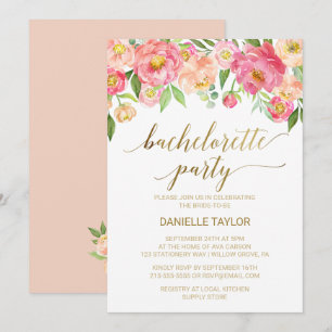 Peach and Pink Peony Flowers Bachelorette Party Invitation