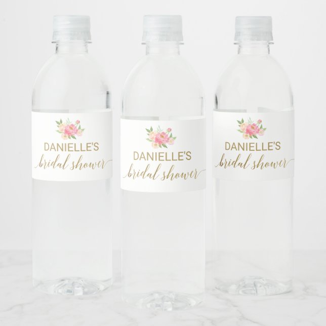 Peach and Pink Peony Flowers Bridal Shower Water Bottle Label (Bottles)