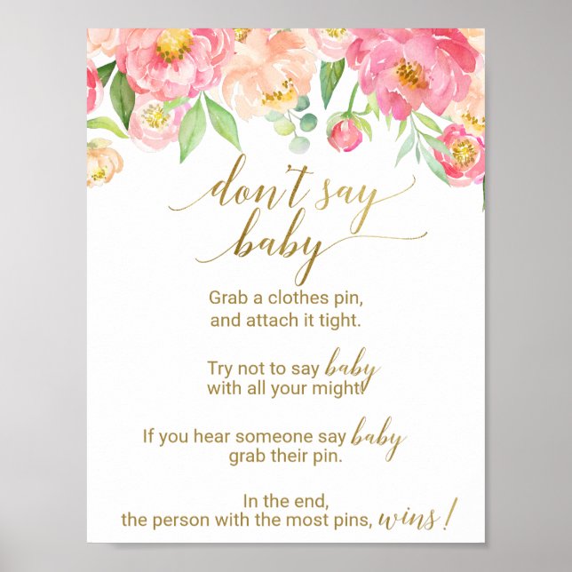 Peach and Pink Peony Flowers Don't Say Baby Sign (Front)