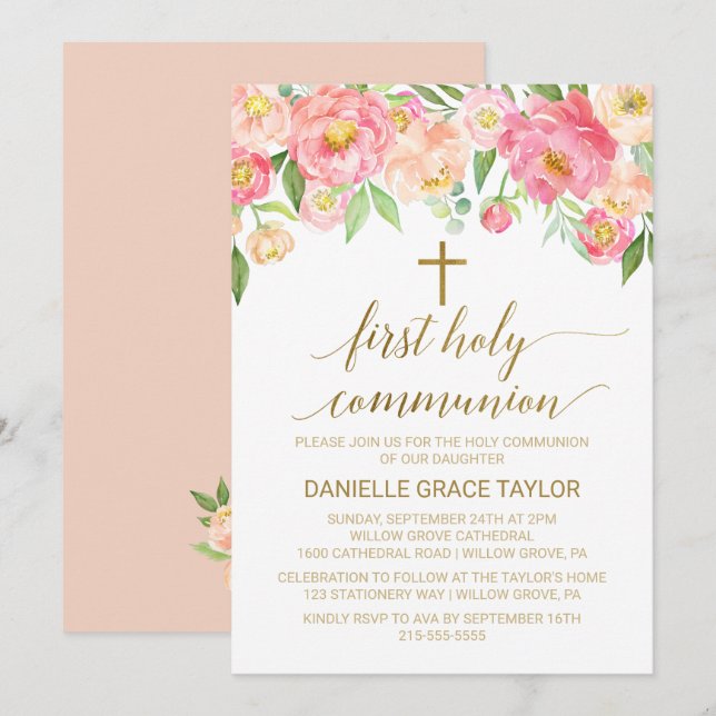 Peach and Pink Peony Flowers First Holy Communion Invitation (Front/Back)