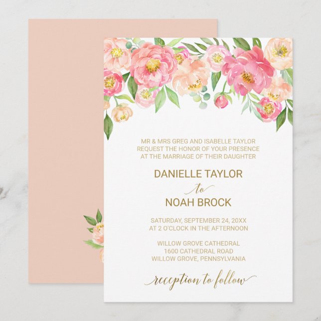 Peach and Pink Peony Flowers Formal Wedding Invitation (Front/Back)