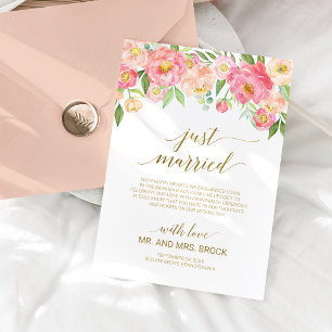 Peach and Pink Peony Flowers Just Married Marriage Announcement
