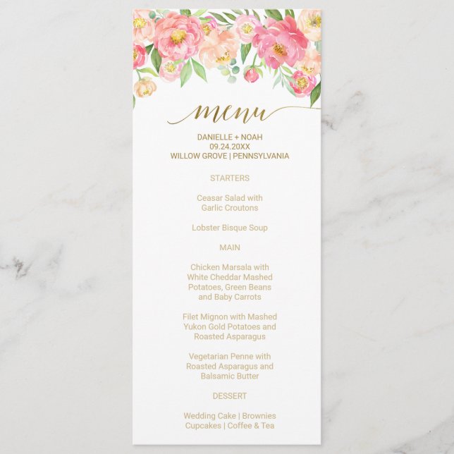 Peach and Pink Peony Flowers Menu Mariage (Devant)