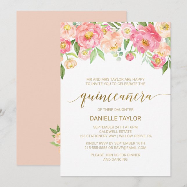 Peach and Pink Peony Flowers Quinceanera Invitation (Front/Back)