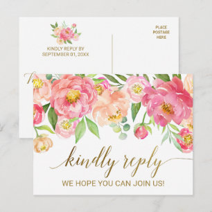 Peach and Pink Peony Flowers RSVP Invitation Postcard