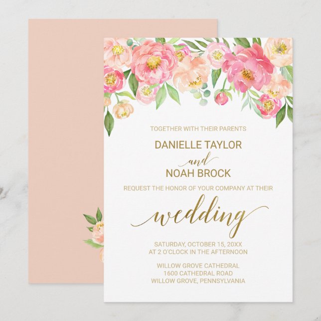 Peach and Pink Peony Flowers Wedding Invitation (Front/Back)