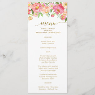 Peach and Pink Peony Flowers Wedding Menu