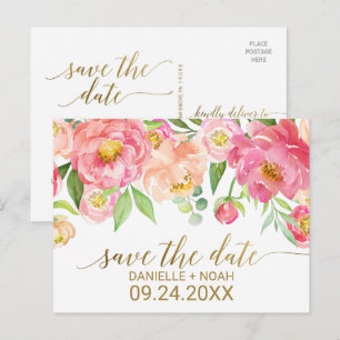 Peach and Pink Peony Flowers Wedding Save the Date Announcement Postcard