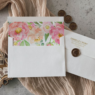 Peach and Pink Peony Lined Wedding Invitation Envelopes