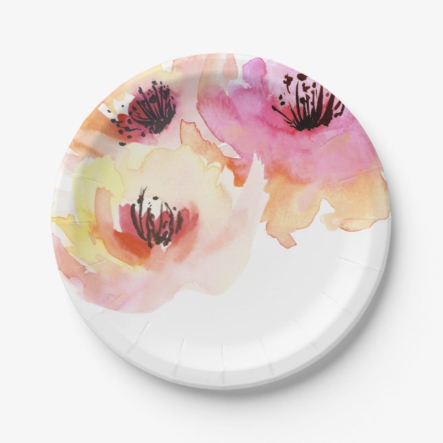 Peach and Pink Watercolor Floral Paper Plate (Front)