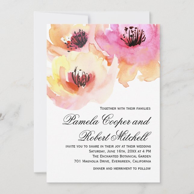 Peach and Pink Watercolor Floral Wedding Invitation (Front)