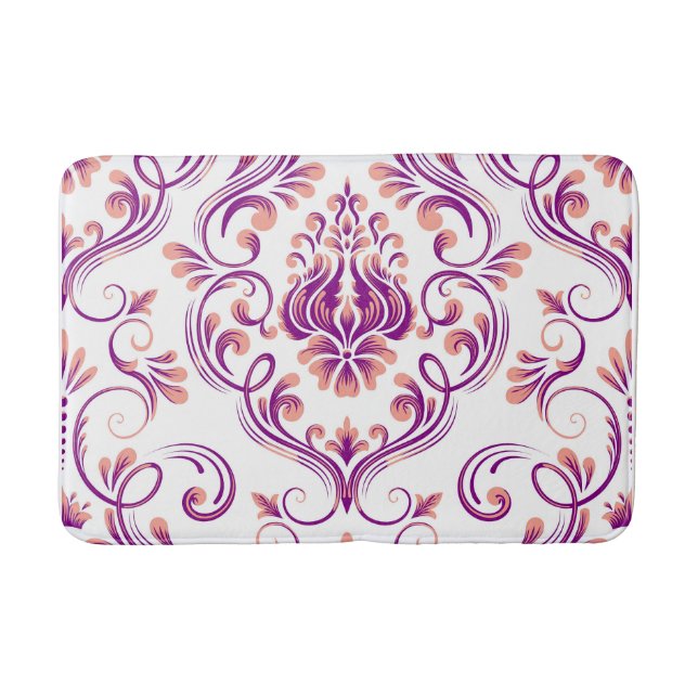 Peach and Purple Damask Floral Pattern Elegant Bath Mat (Front)