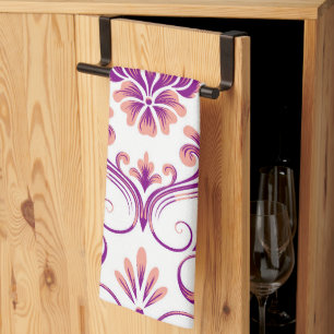 Peach and Purple Damask Floral Pattern Elegant Kitchen Towel