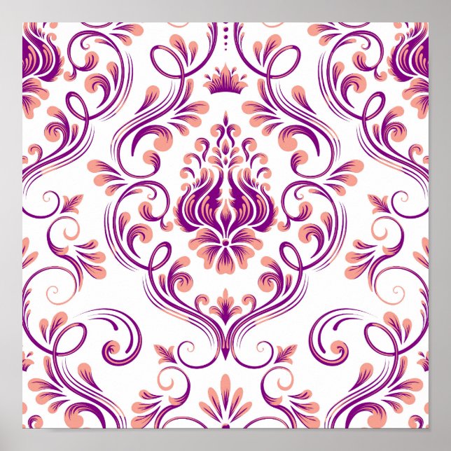Peach and Purple Damask Floral Pattern Elegant Poster (Front)