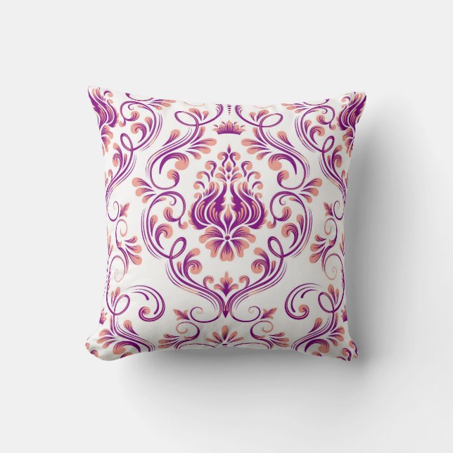 Peach and Purple Damask Floral Pattern Elegant Throw Pillow (Front)