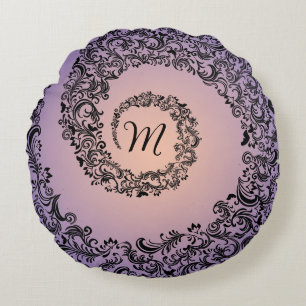 Peach and Purple Damask Monogram Round Pillow