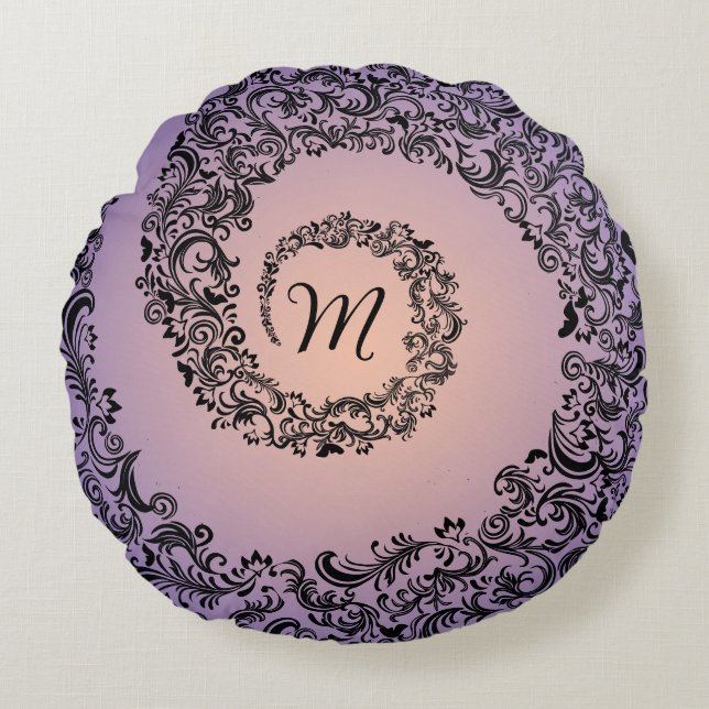 Peach and Purple Damask Monogram Round Pillow (Front)
