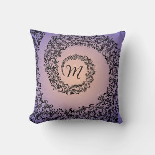 Peach and Purple Damask Monogram Throw Pillow