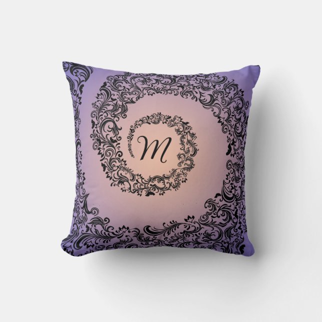 Peach and Purple Damask Monogram Throw Pillow (Front)