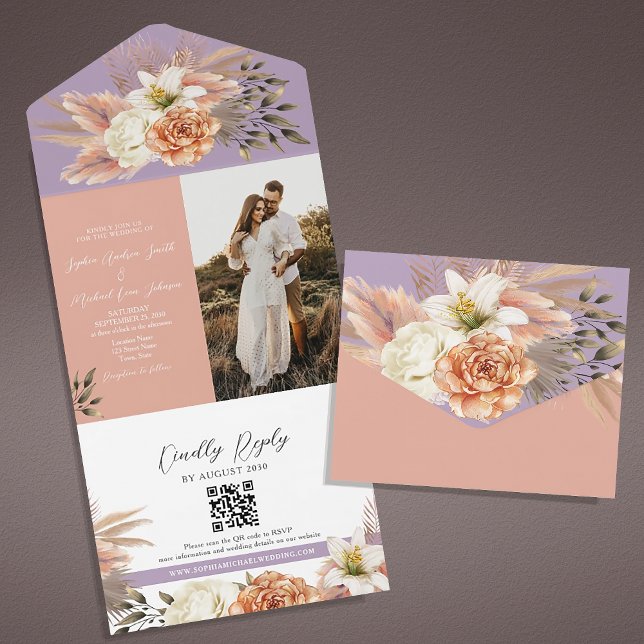 Peach and Purple Floral QR Code Mariage Invitation (Créateur téléchargé)