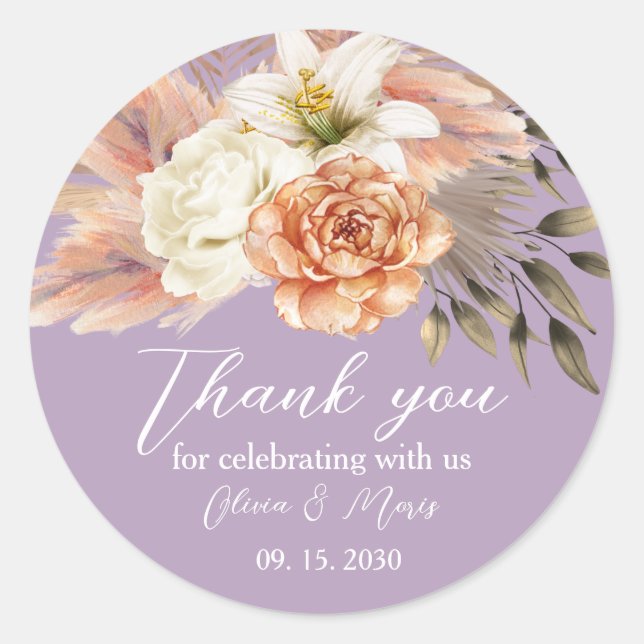 Peach and Purple Floral Wedding Thank You Sticker (Front)
