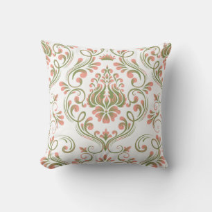Peach and Sage Green Damask Floral Pattern Elegant Throw Pillow