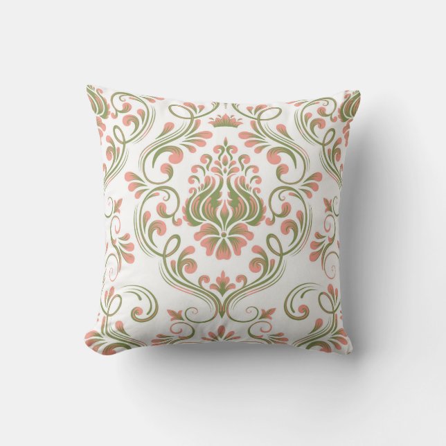 Peach and Sage Green Damask Floral Pattern Elegant Throw Pillow (Front)