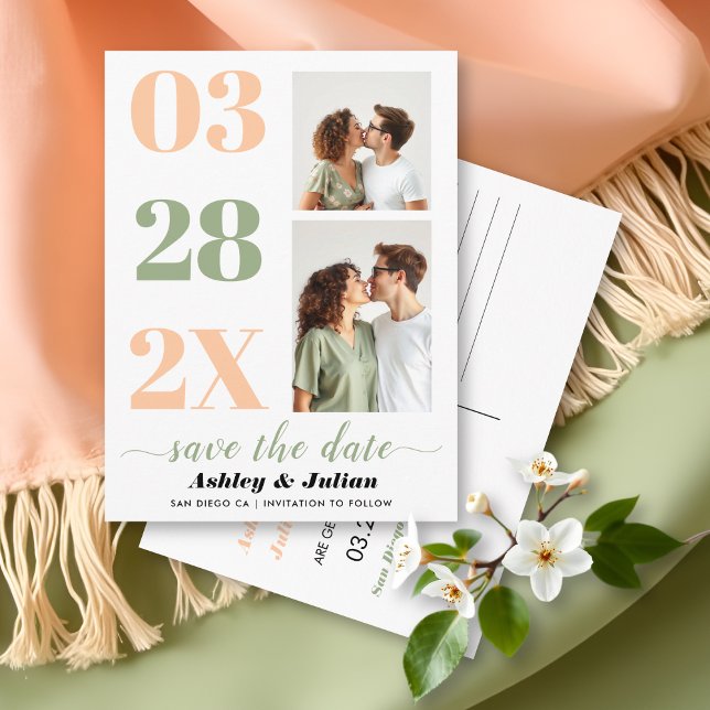 Peach and sage green two photo Save the Date Postcard (Creator Uploaded)