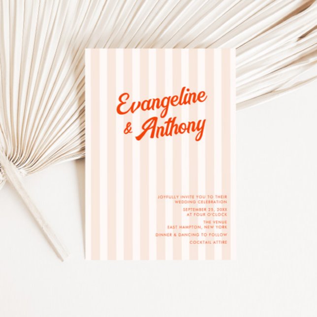 Peach and Tangerine Retro Striped Wedding  Invitation (Creator Uploaded)