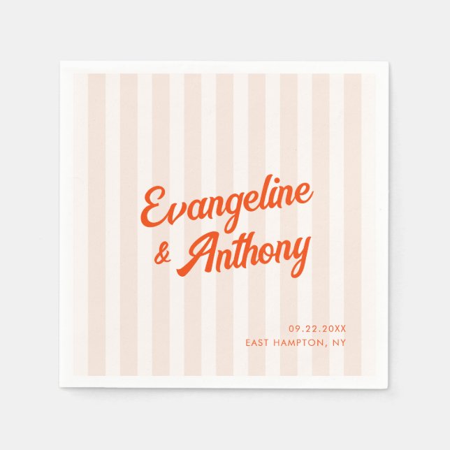 Peach and Tangerine Retro Striped Wedding Napkin (Front)