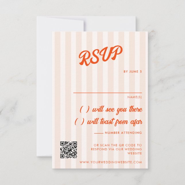 Peach and Tangerine Striped Retro Wedding RSVP Card (Front)