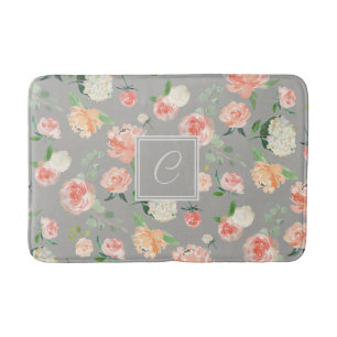 Peach and Taupe Floral Pattern with Monogram Bath Mat